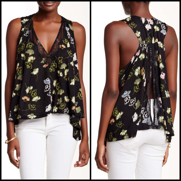 Free People Floral Back Slit Back Blouse Tank Top - Picture 2 of 14